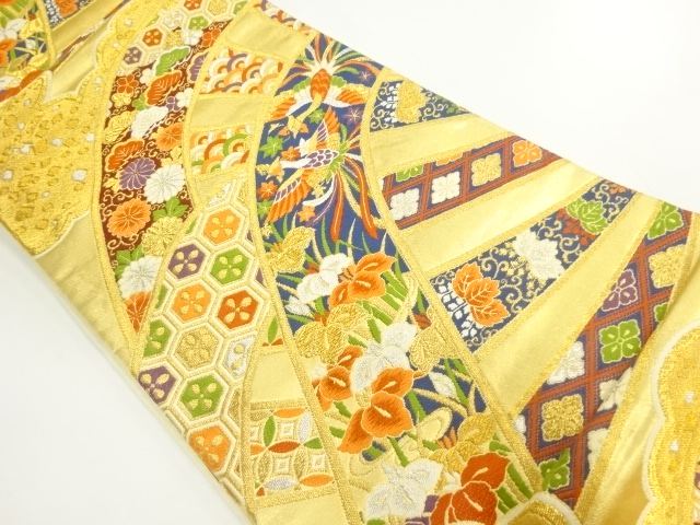 JAPANESE KIMONO / ANTIQUE FUKURO OBI / SILK / WOVEN WHEEL & FLOWERS & BIRDS